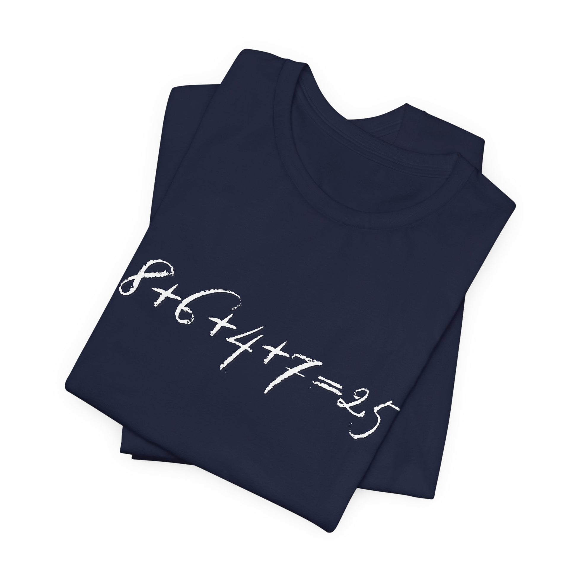 Folded navy blue t-shirt with the mathematical equation "8+6+4+7=25" written in chalk like text by empowHER by Heidi