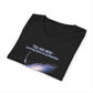 Folded black v-neck t-shirt with graphic of the Milky Way galaxy with an arrow pointing to it and text that says "YOU ARE HERE - Paying taxes to pedophiles" by empowHER by Heidi