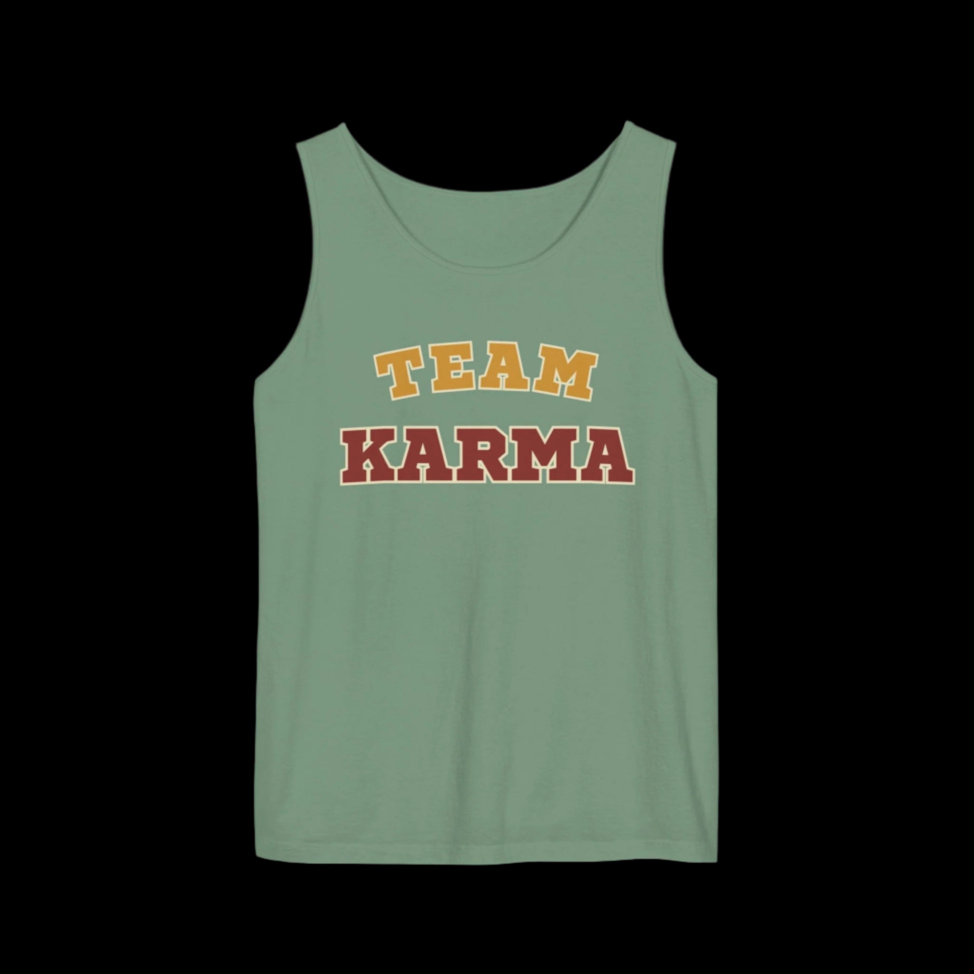 Green tank top with 'Team Karma' text on a black background