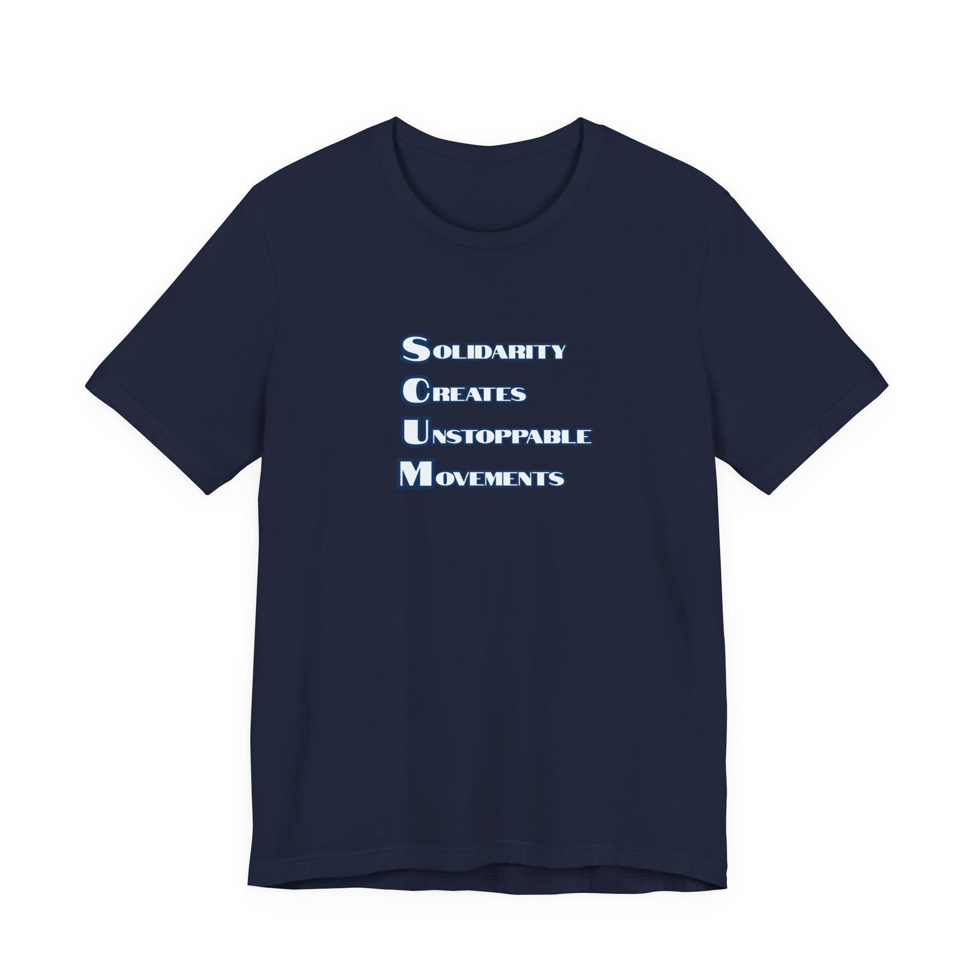 Navy blue t-shirt with blue text 'Solidarity Creates Unstoppable Movements' by empowHER by Heidi
