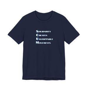 Navy blue t-shirt with blue text 'Solidarity Creates Unstoppable Movements' by empowHER by Heidi