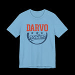 Light blue t-shirt with 'Darvo nation' text design on a black background