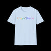 Gender Inclusive Pronouns they/them (rainbow text) T-Shirt - Light Blue