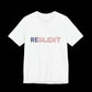 White t-shirt with 'RESILIENT' text in red, blue, and white on a black background