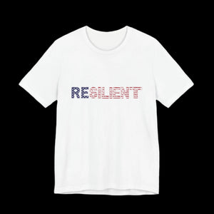 White t-shirt with 'RESILIENT' text in red, blue, and white on a black background