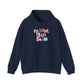 Navy hoodie with colorful text "radical left scum" design by empowHER by Heidi