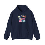 Navy hoodie with colorful text "radical left scum" design by empowHER by Heidi