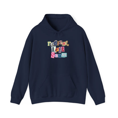 Navy hoodie with colorful text "radical left scum" design by empowHER by Heidi
