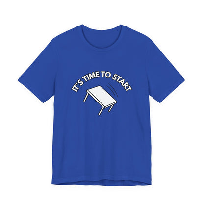 Royal blue t-shirt with a flipping table graphic and text "It's time to start" by empowHER by Heidi