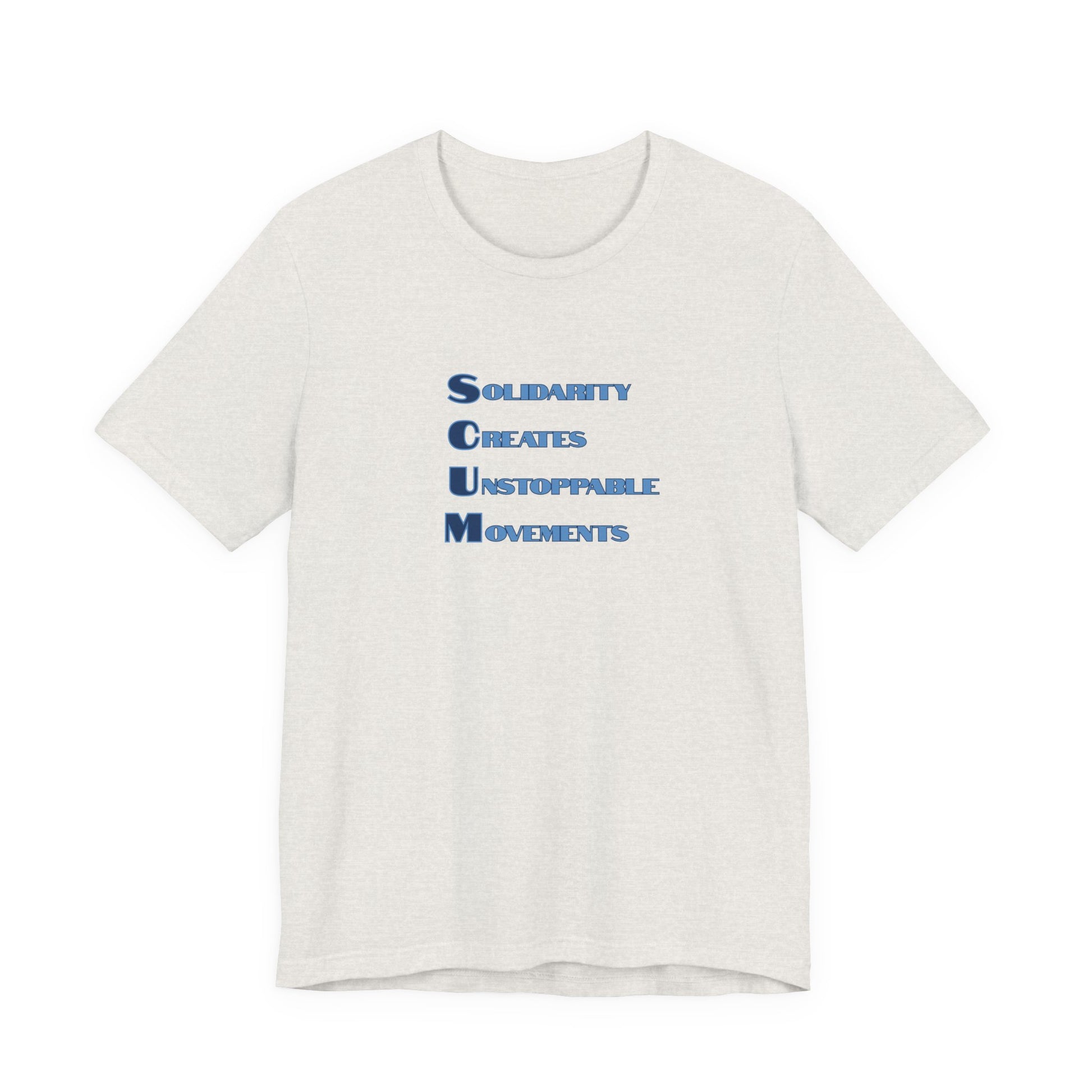 Heather cement t-shirt with blue text 'Solidarity Creates Unstoppable Movements' by empowHER by Heidi