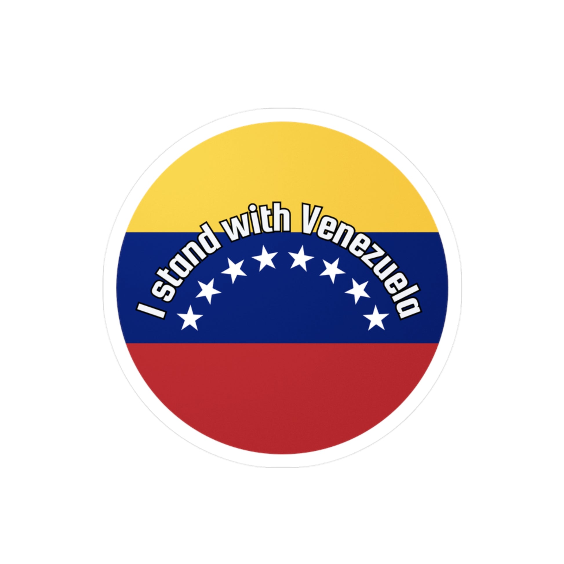 Round sticker with Venezuelan flag design and 'I stand with Venezuela' text on a white background