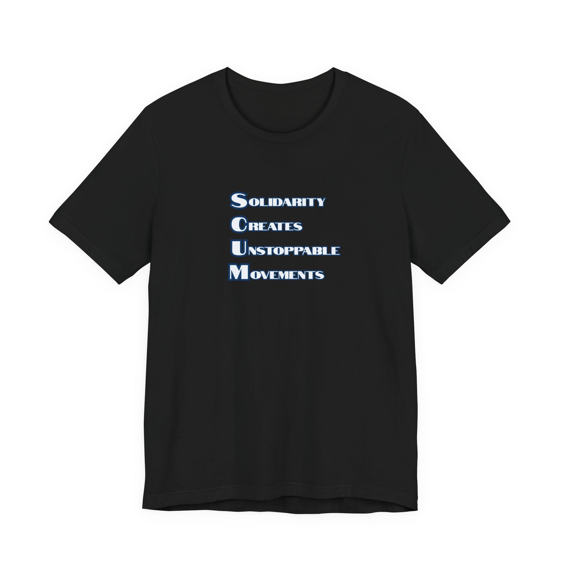 Black t-shirt with blue text 'Solidarity Creates Unstoppable Movements' by empowHER by Heidi