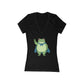 Black v-neck t-shirt with a protest frog wearing a blue cape white background