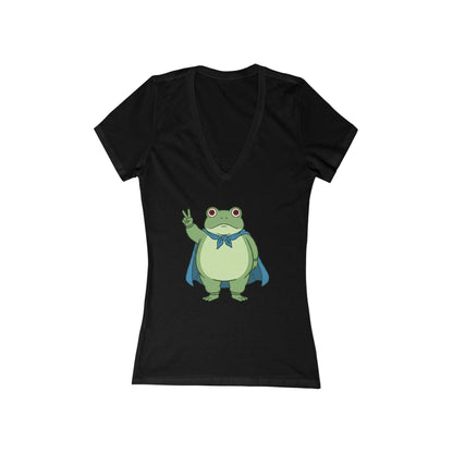 Black v-neck t-shirt with a protest frog wearing a blue cape white background