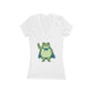 White v-neck t-shirt with a protest frog wearing a blue cape white background
