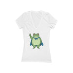 White v-neck t-shirt with a protest frog wearing a blue cape white background