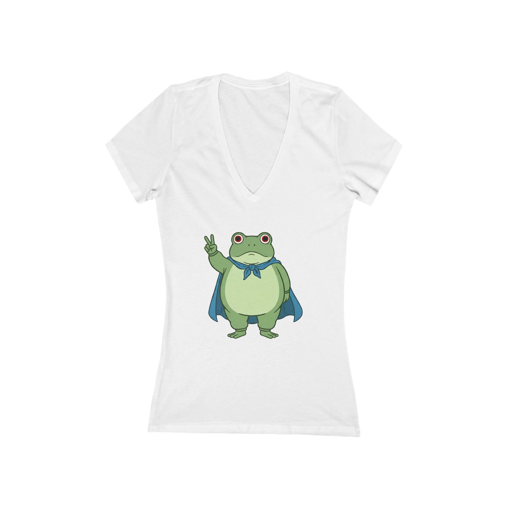 White v-neck t-shirt with a protest frog wearing a blue cape white background