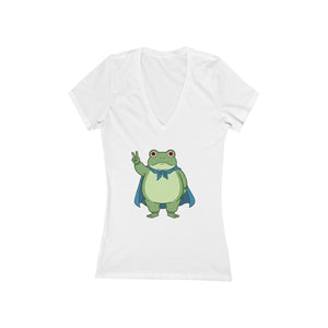 White v-neck t-shirt with a protest frog wearing a blue cape white background
