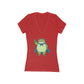 Red v-neck t-shirt with a protest frog wearing a blue cape white background