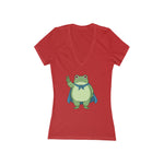 Red v-neck t-shirt with a protest frog wearing a blue cape white background