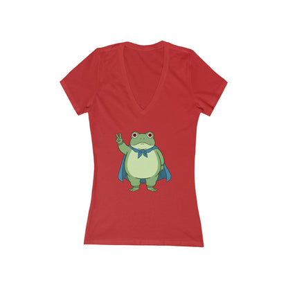 Red v-neck t-shirt with a protest frog wearing a blue cape white background