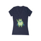 Navy v-neck t-shirt with a protest frog wearing a blue cape white background