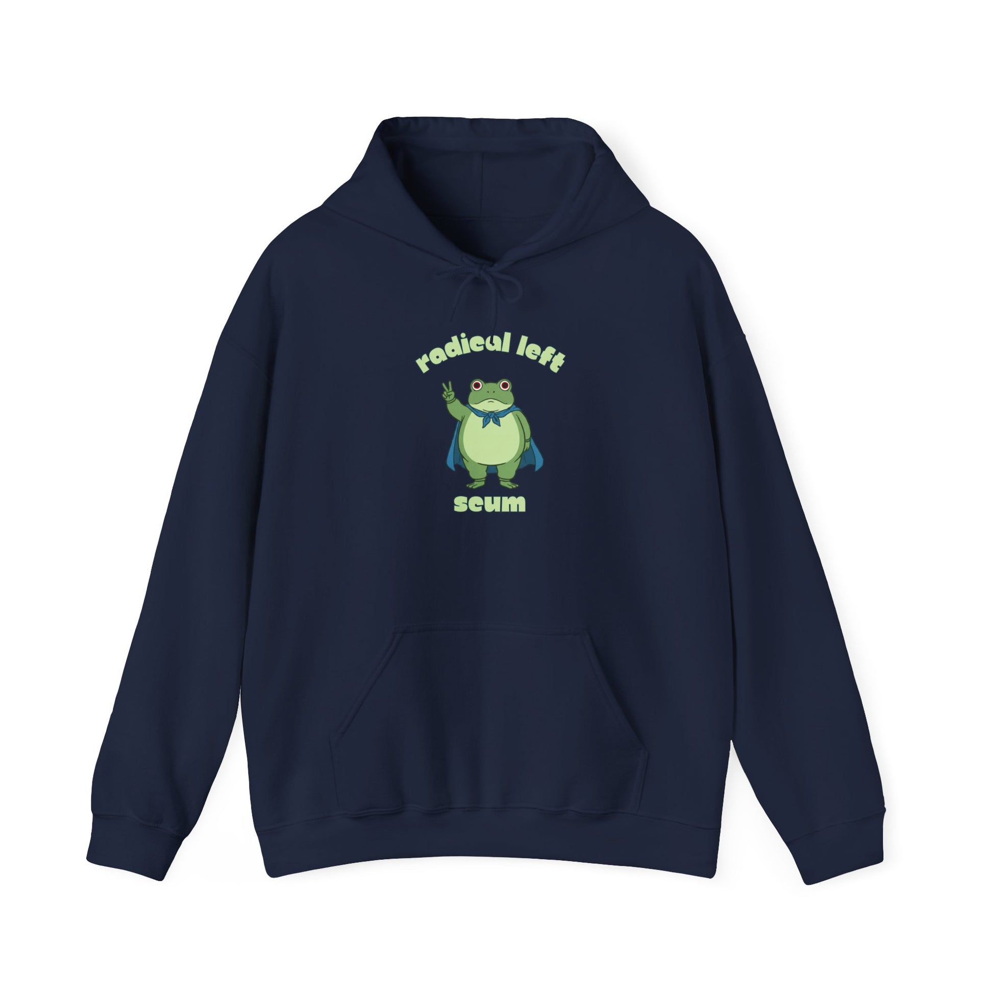 Navy hoodie with a graphic of the Portland protest frog and text "radical left scum" by empowHER by Heidi