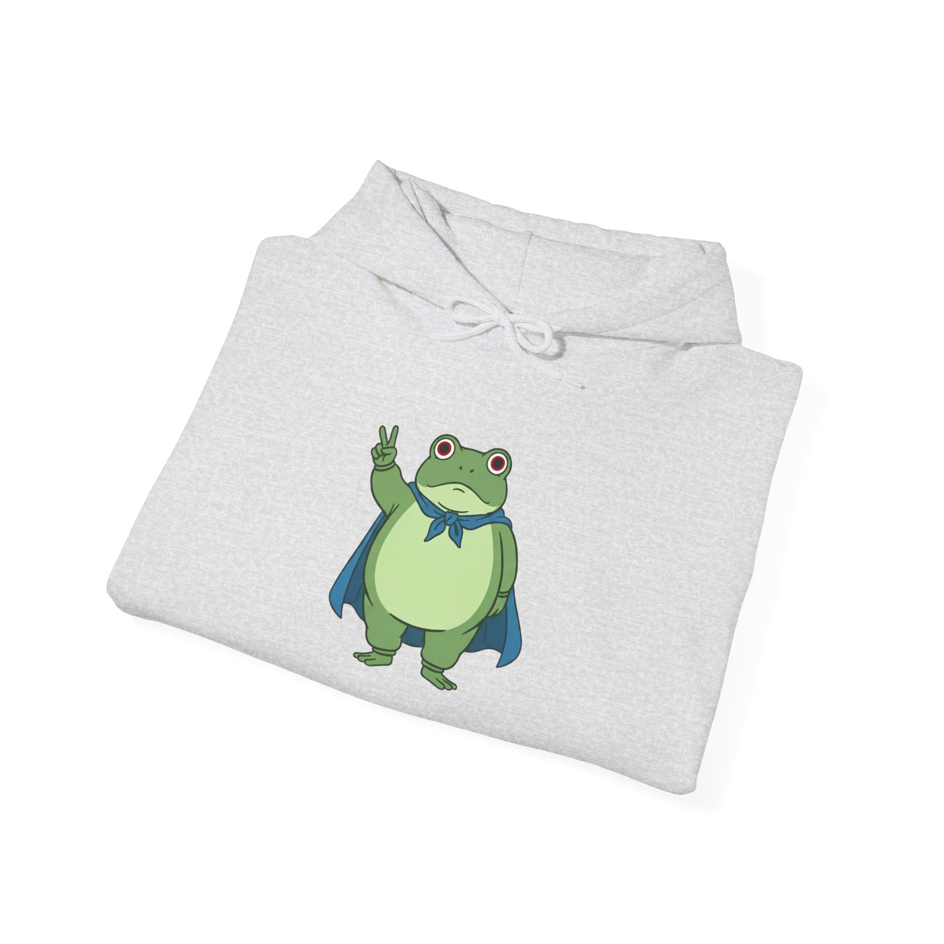 Light gray fleece hoodie with a bold graphic of the Portland protest frog—red eyes, blue cape, and unimpressed face by empowHERbyHeidi