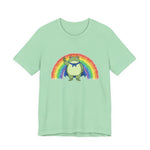 Light green t-shirt with the Portland protest frog and Pride rainbow design by empowHER by Heidi