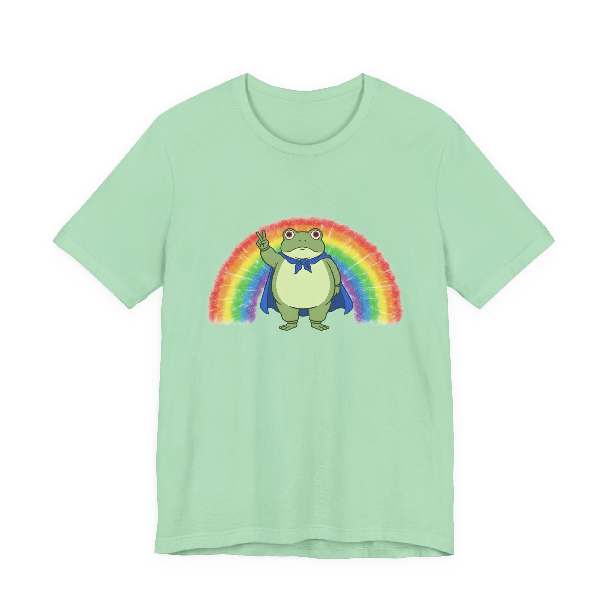 Light green t-shirt with the Portland protest frog and Pride rainbow design by empowHER by Heidi