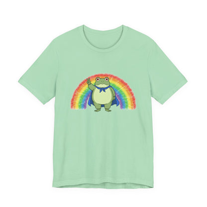 Light green t-shirt with the Portland protest frog and Pride rainbow design by empowHER by Heidi