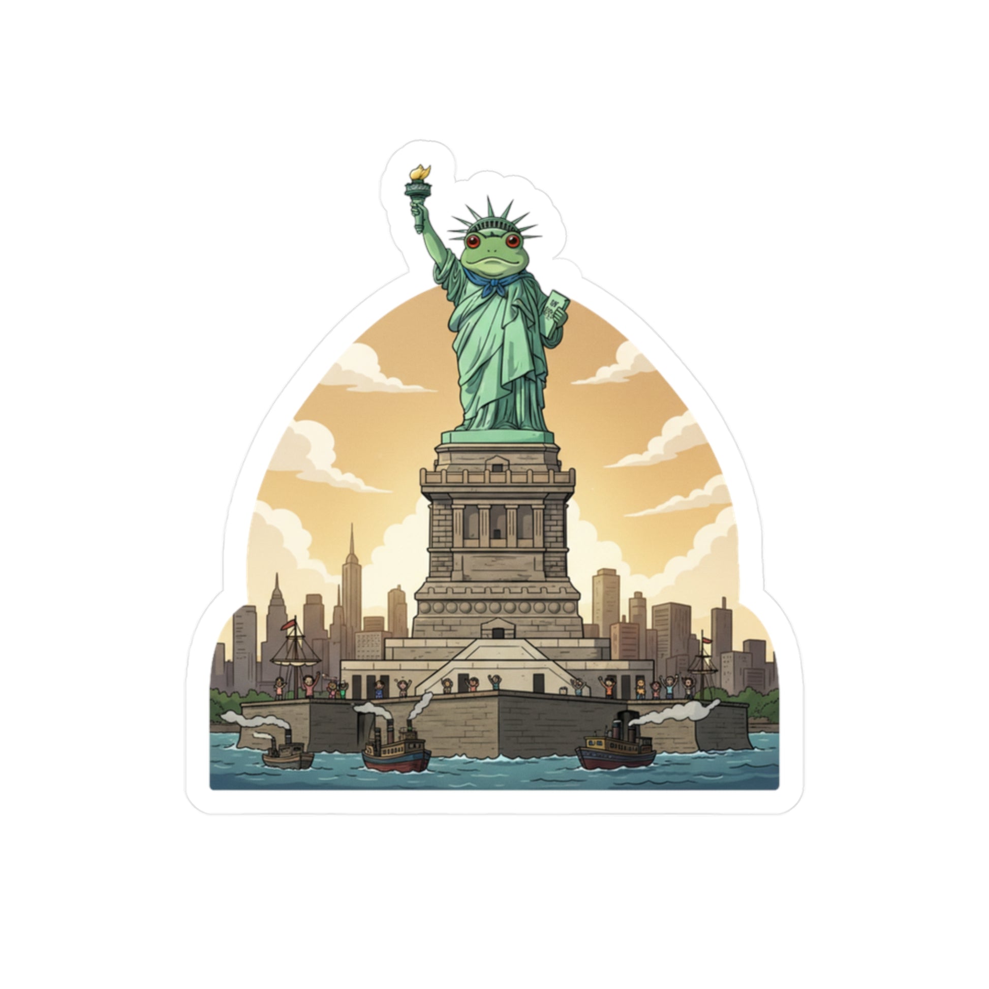 Illustration of Portland protest frog as the Statue of Liberty with a city skyline in the background