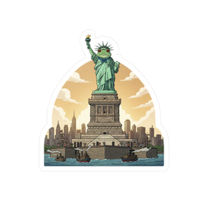 Illustration of Portland protest frog as the Statue of Liberty with a city skyline in the background