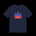Navy blue t-shirt with 'Colbert 2028' graphic on a black background
