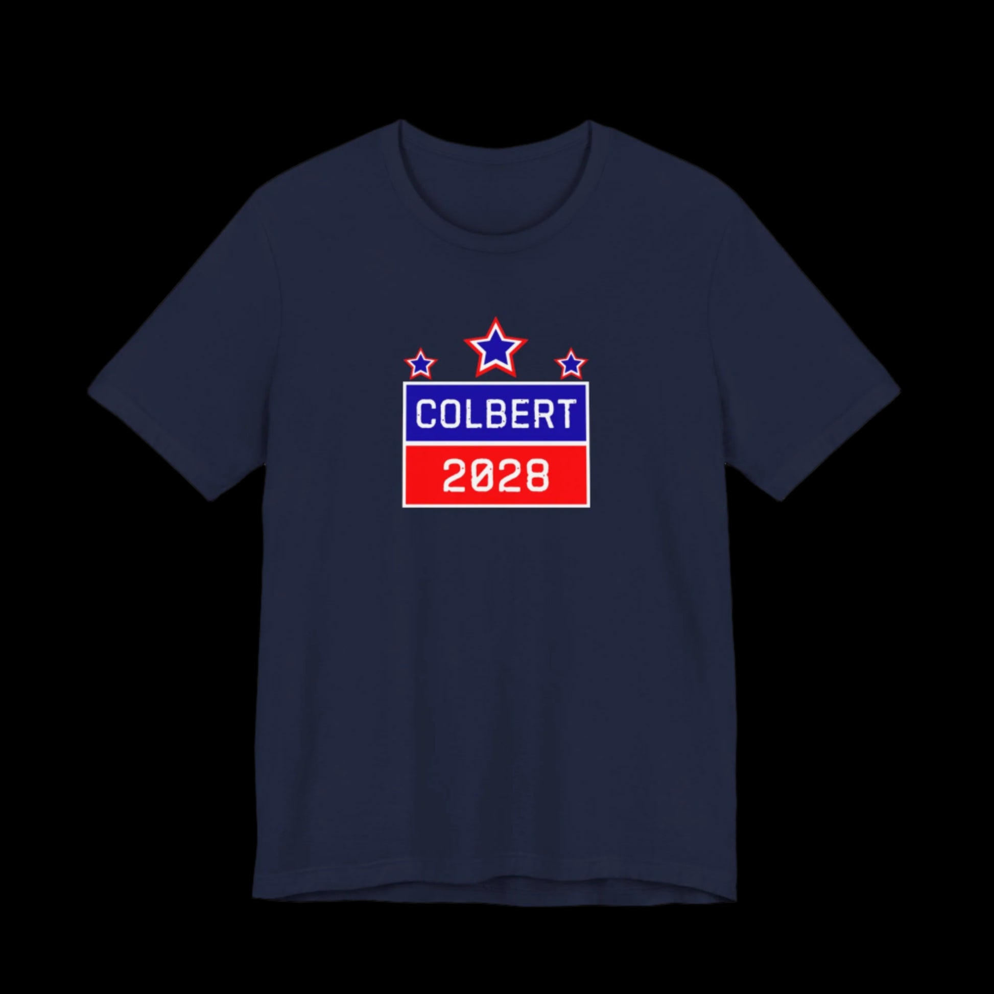 Navy blue t-shirt with 'Colbert 2028' graphic on a black background