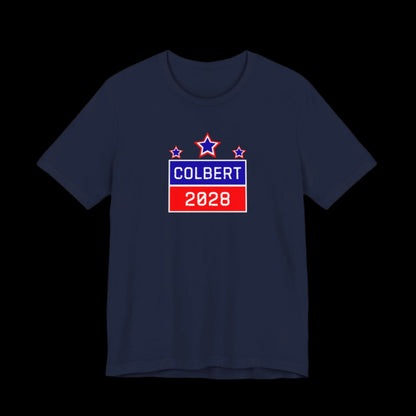 Navy blue t-shirt with 'Colbert 2028' graphic on a black background