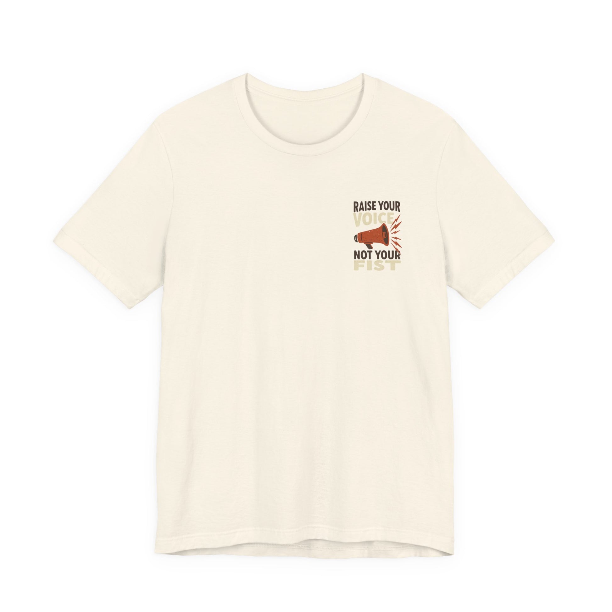 Beige t-shirt with a graphic and text "raise your voice, not your fist" – empowHER by Heidi political protest apparel