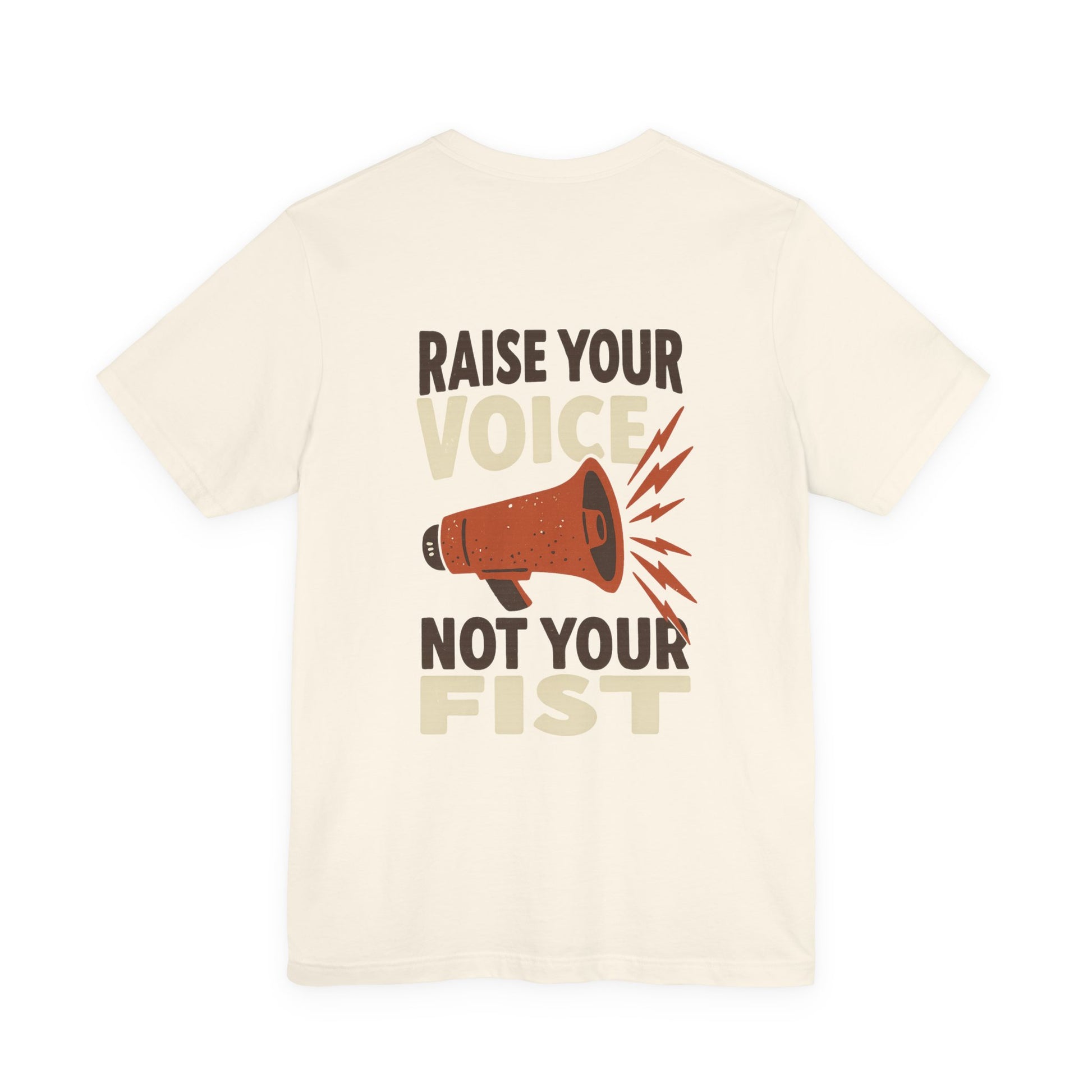 Beige t-shirt with a graphic and text 'Raise your voice not your fist' – empowHER by Heidi political protest apparel