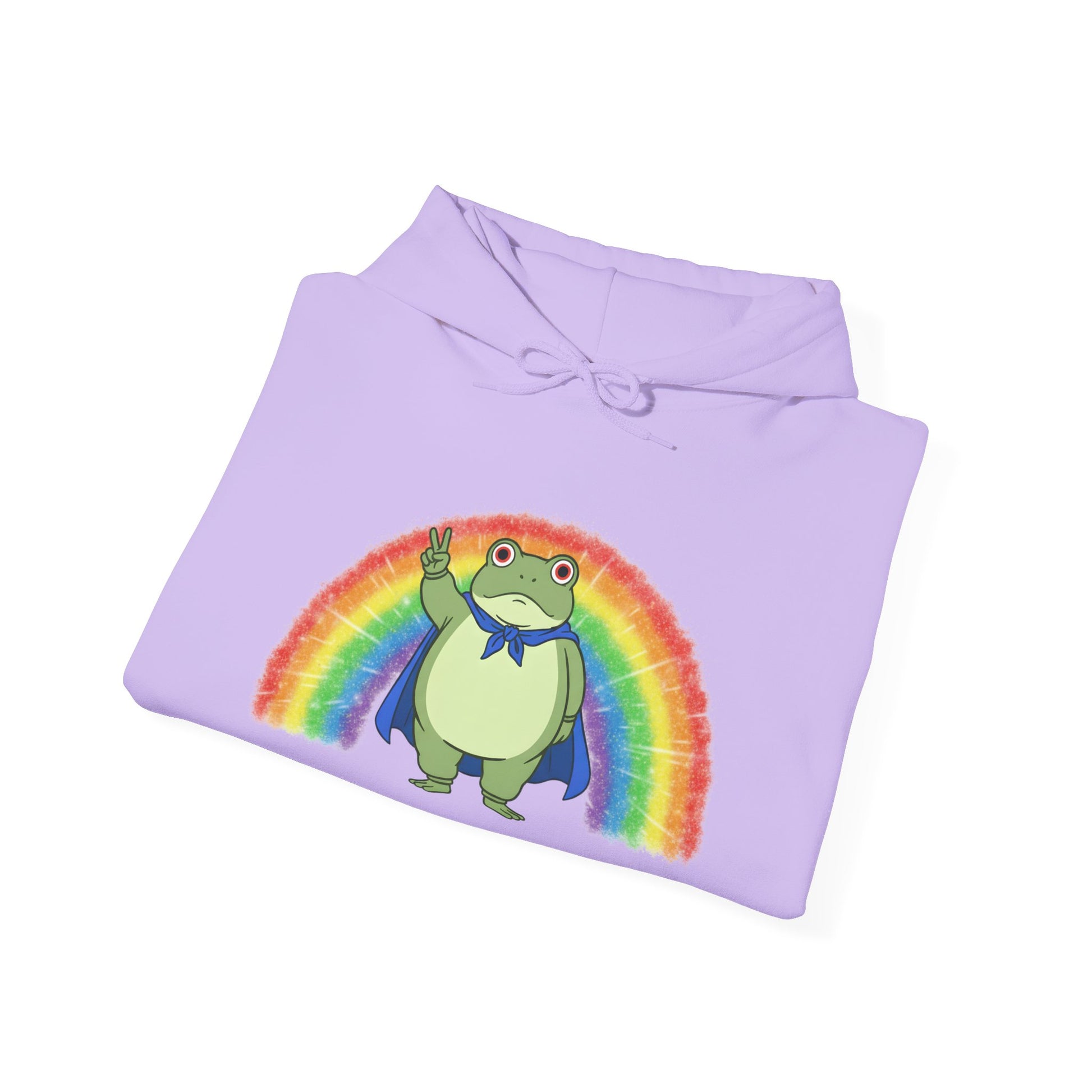 Folded lavender hoodie with the Portland protest frog and Pride rainbow design by empowHER by Heidi