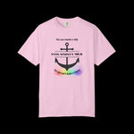Pink t-shirt with a graphic design of a naval anchor with the text "You can rename a ship {USNS Harvey Milk} but you can't erase a legacy"