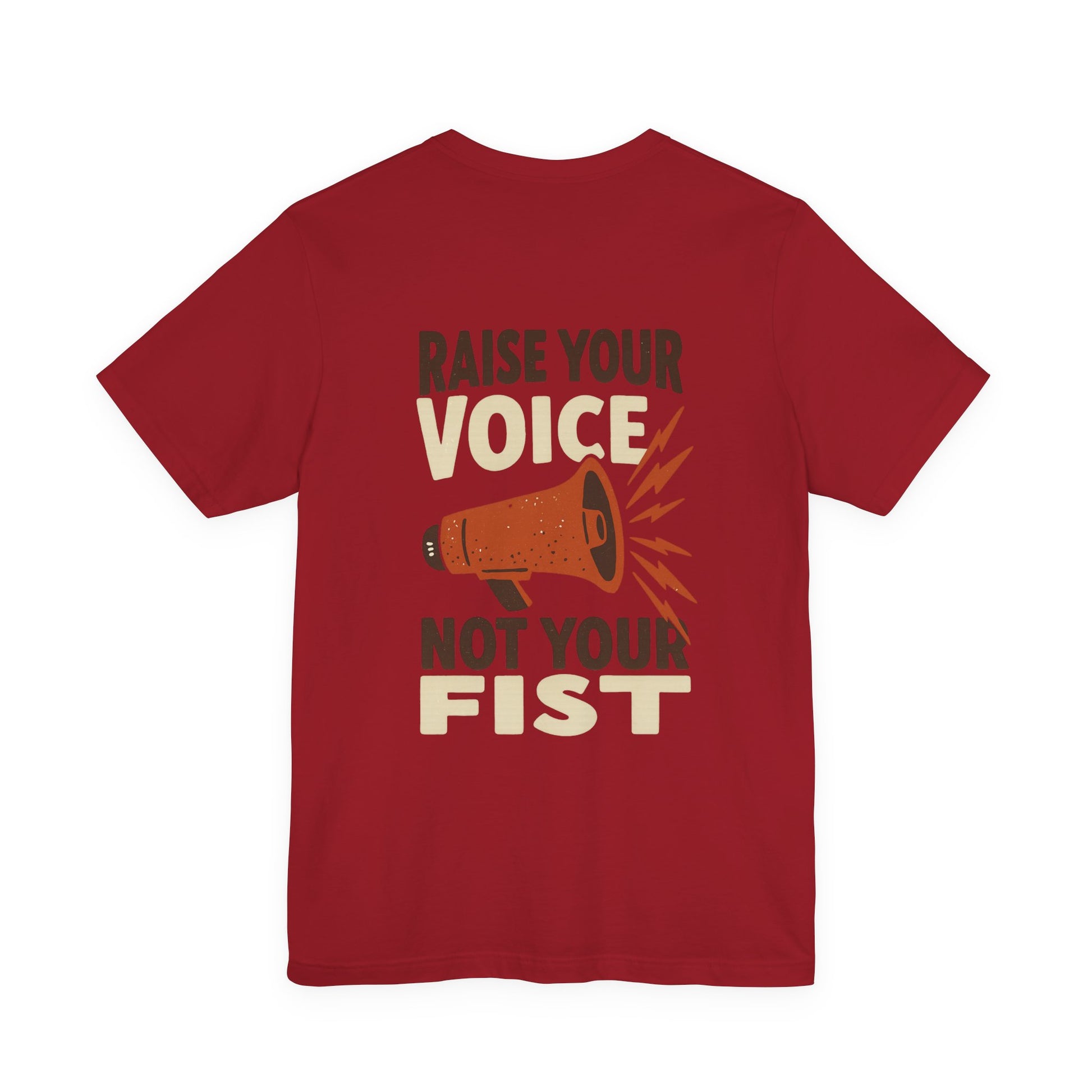 Red t-shirt with a graphic and text 'Raise Your Voice Not Your Fist' – empowHER by Heidi political protest apparel