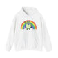 White hoodie with the Portland protest frog and Pride rainbow design by empowHER by Heidi