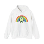 White hoodie with the Portland protest frog and Pride rainbow design by empowHER by Heidi