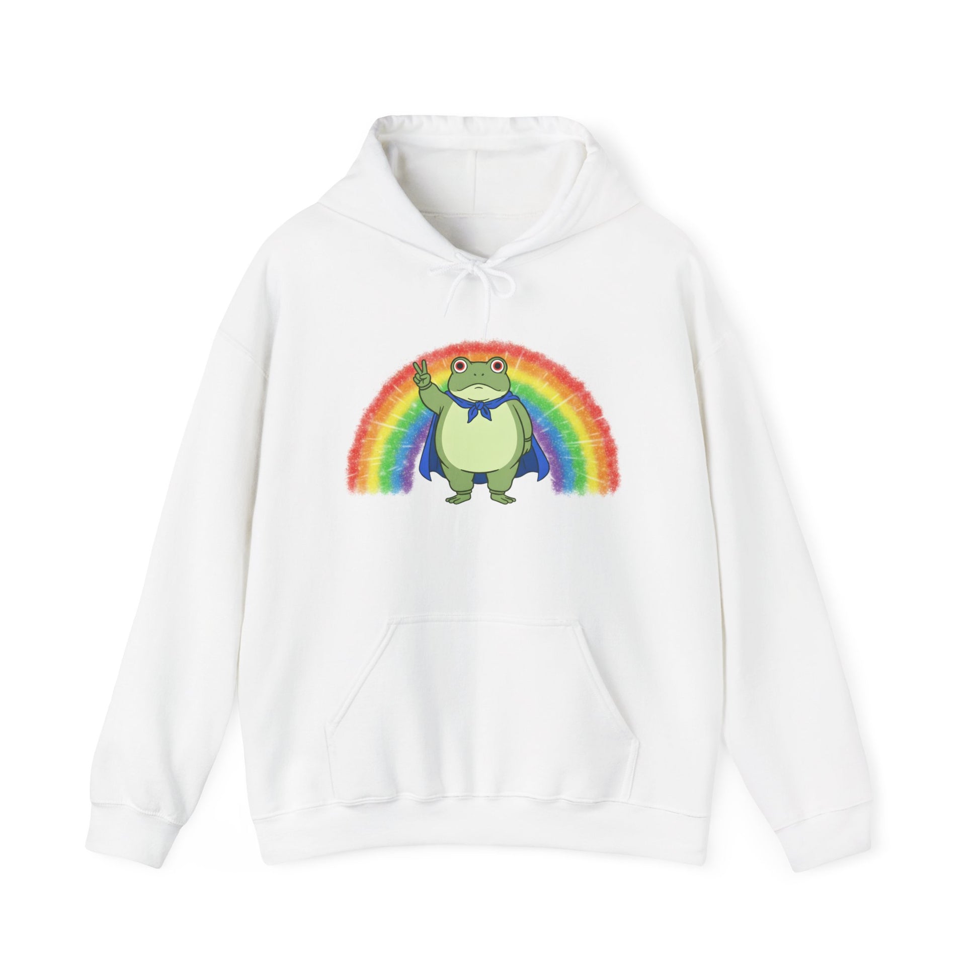 White hoodie with the Portland protest frog and Pride rainbow design by empowHER by Heidi