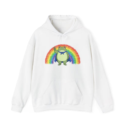 White hoodie with the Portland protest frog and Pride rainbow design by empowHER by Heidi