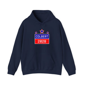 Navy blue hoodie with 'Colbert 2028' graphic – empowHER by Heidi political protest apparel