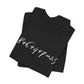 Folded black t-shirt with the mathematical equation "8+6+4+7=25" written in chalk like text by empowHER by Heidi
