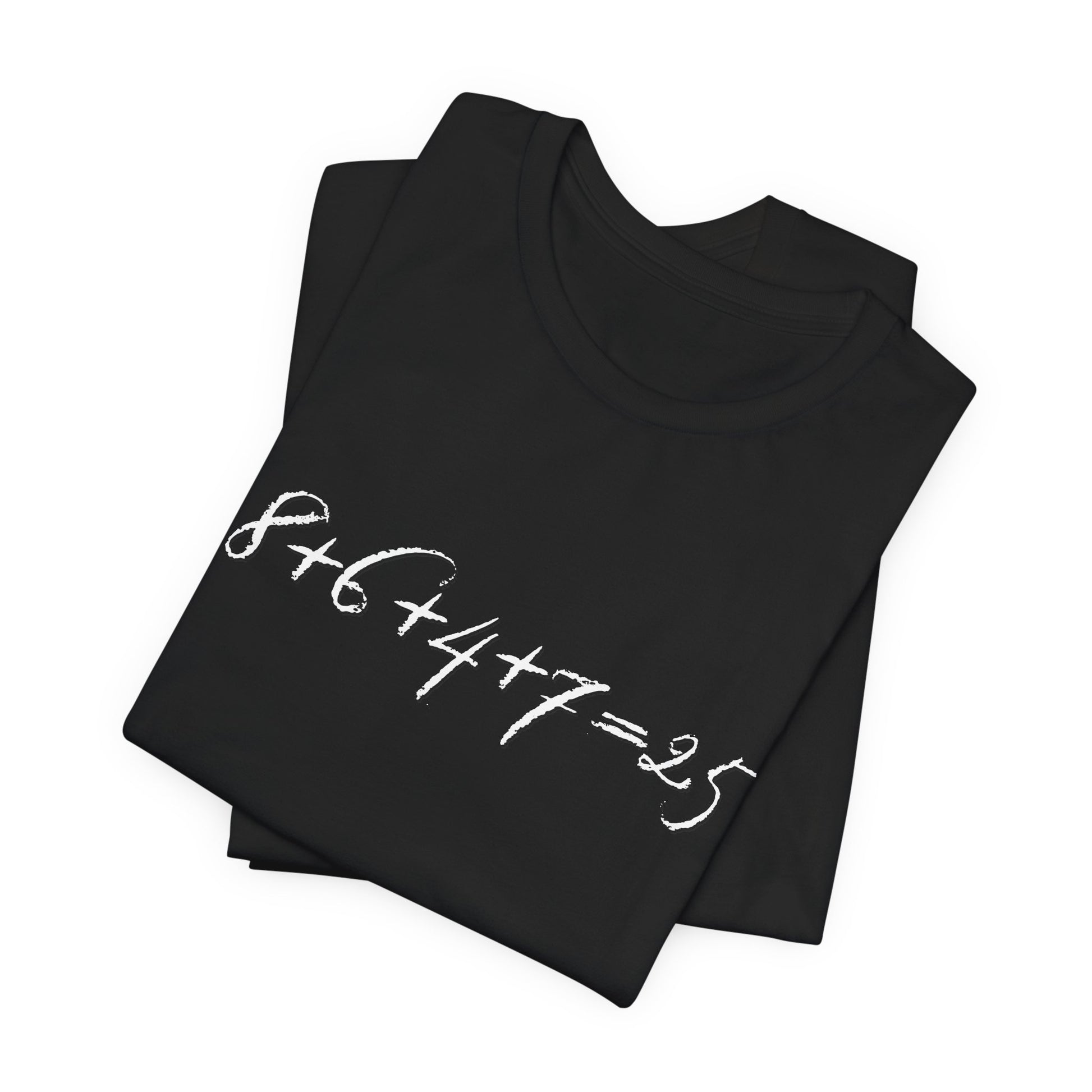 Folded black t-shirt with the mathematical equation "8+6+4+7=25" written in chalk like text by empowHER by Heidi
