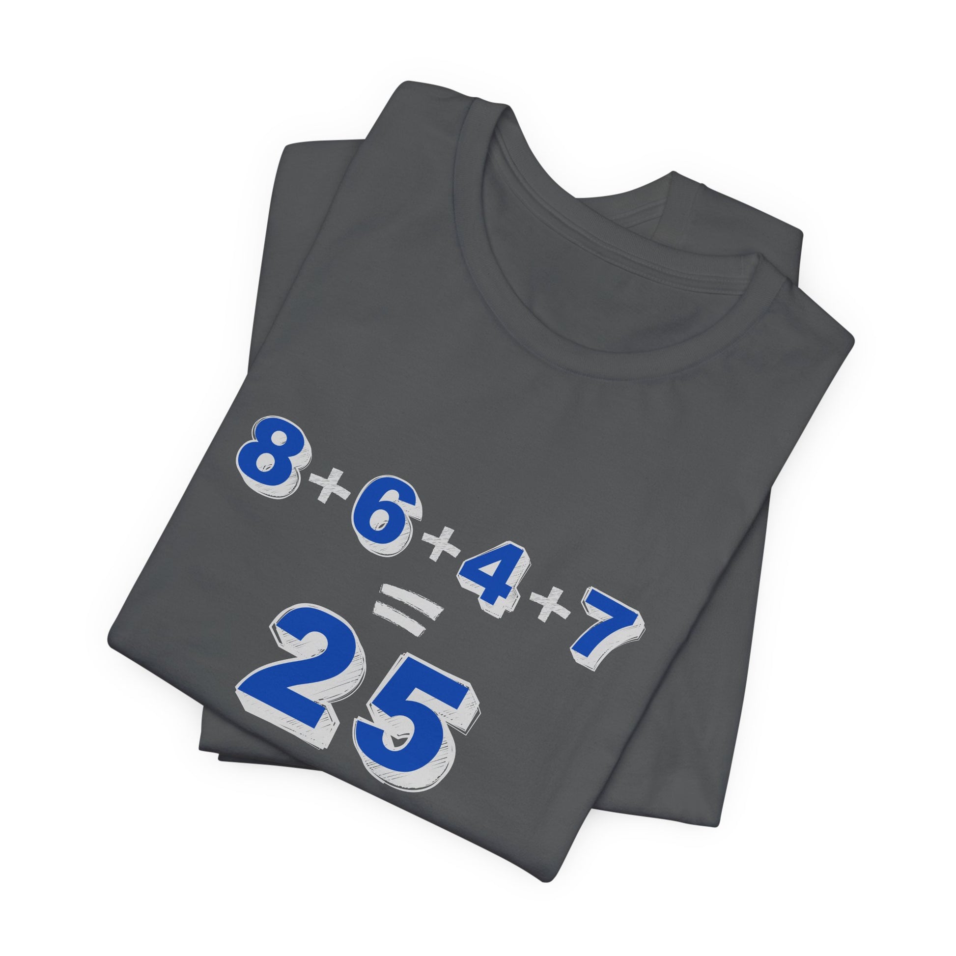 Folded gray t-shirt with a mathematical equation "8+6+4+7=25" design by empowHER by Heidi