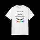 Whitet-shirt with a graphic design of a naval anchor with the text "You can rename a ship {USNS Harvey Milk} but you can't erase a legacy"